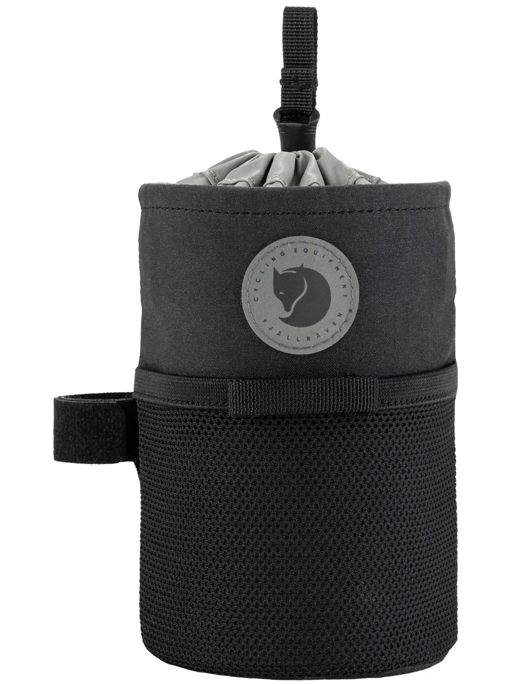 Hoja snack bag in dark charcoal fabric with round logo patch and top webbing handle