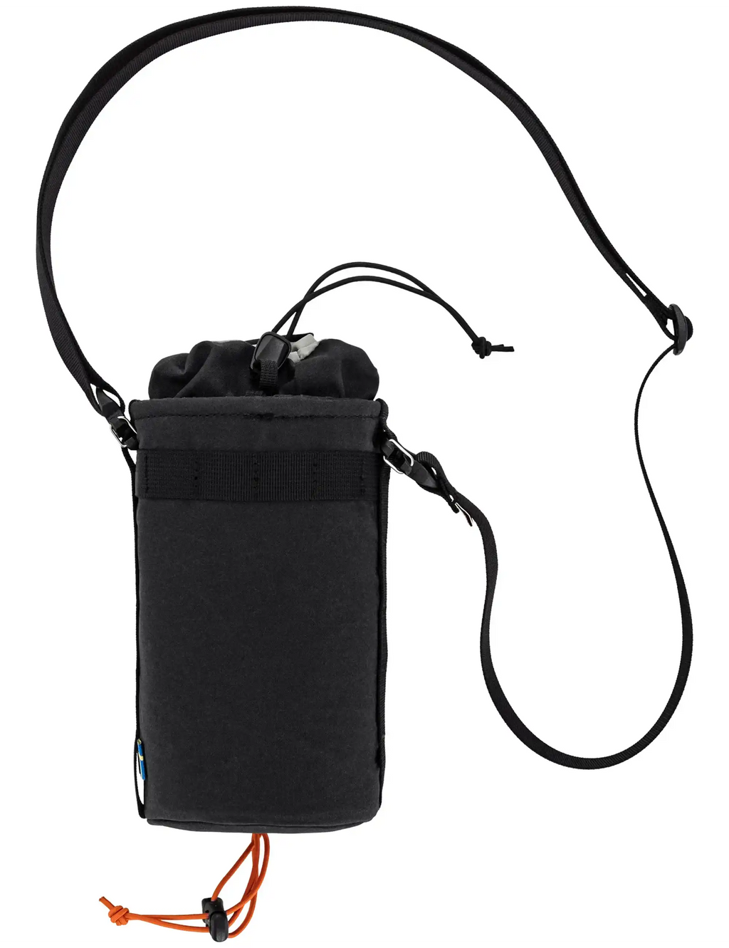 Black large snack bag with top drawstring closure and long shoulder strap