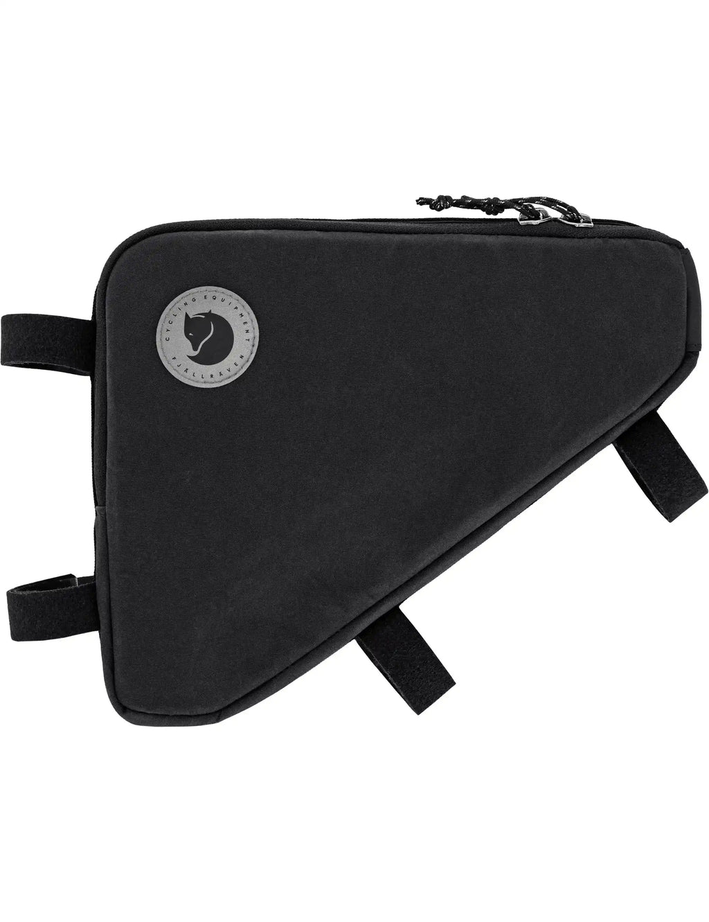Black triangle frame bag with top zipper and cinch straps