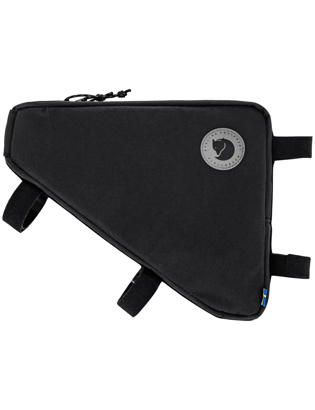 Black triangle frame bag front panel with round logo patch