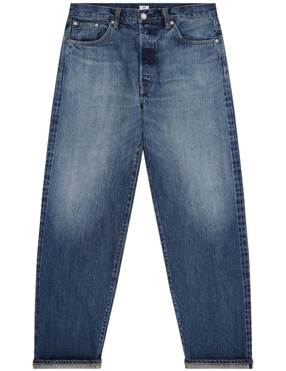 Loose dark blue denim jeans, straight leg, button fly, belt loops, stitched front