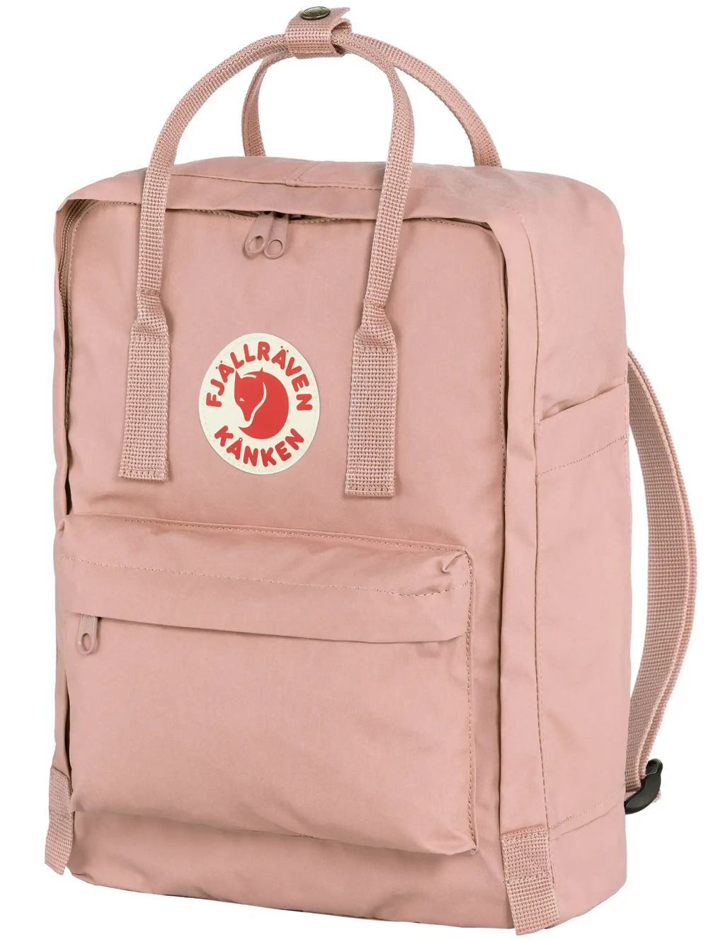 Chalk rose backpack with front pocket, logo patch, and side strap loop