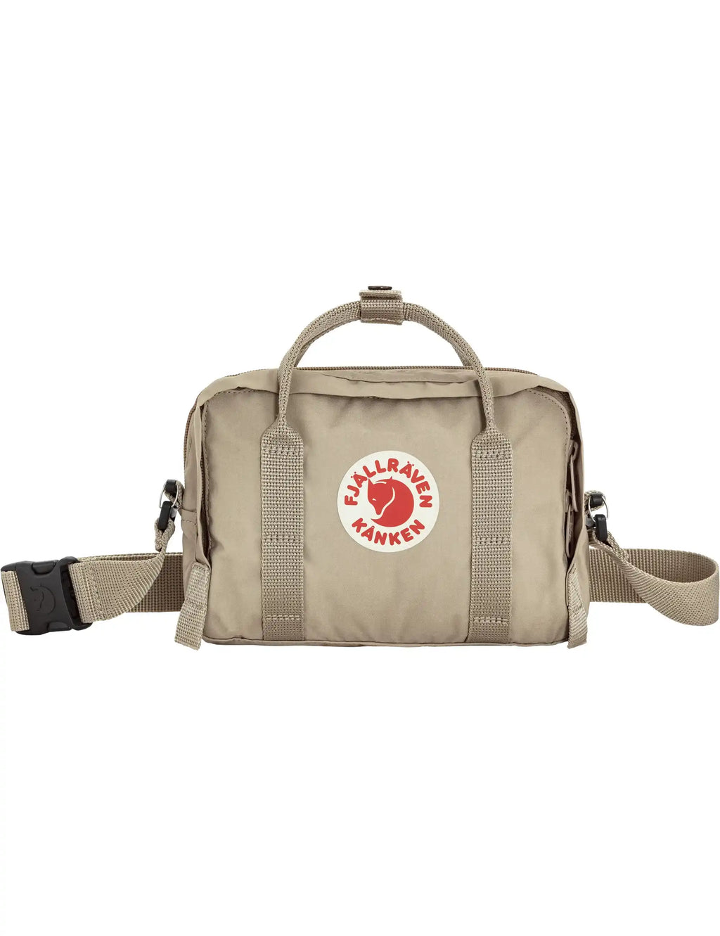 Kanken crossbody bag in fossil with red logo patch and adjustable shoulder strap