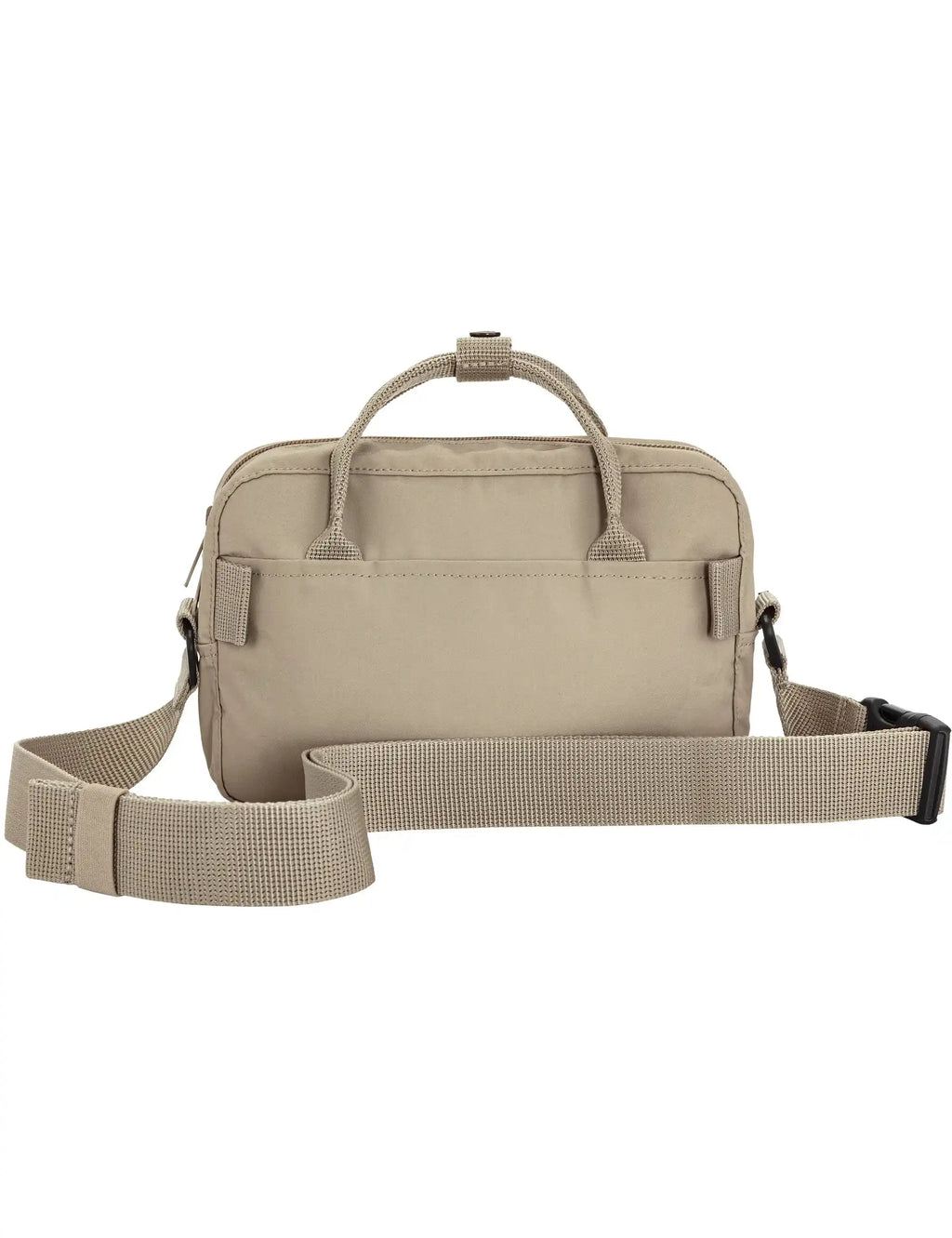 Kanken crossbody bag in fossil with front zip, side panels, and adjustable strap