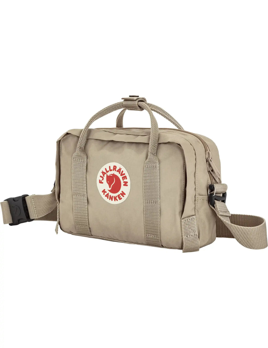 Kanken crossbody bag in fossil with front logo patch, top handle, and shoulder strap