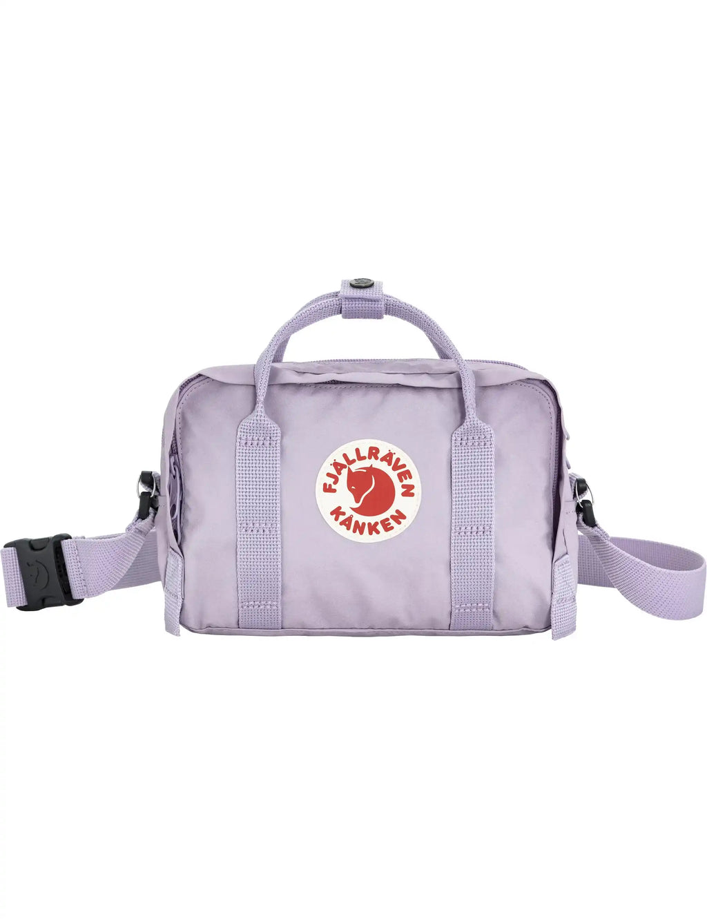 Pastel lavender crossbody bag with front zipper, logo patch, and webbed shoulder strap