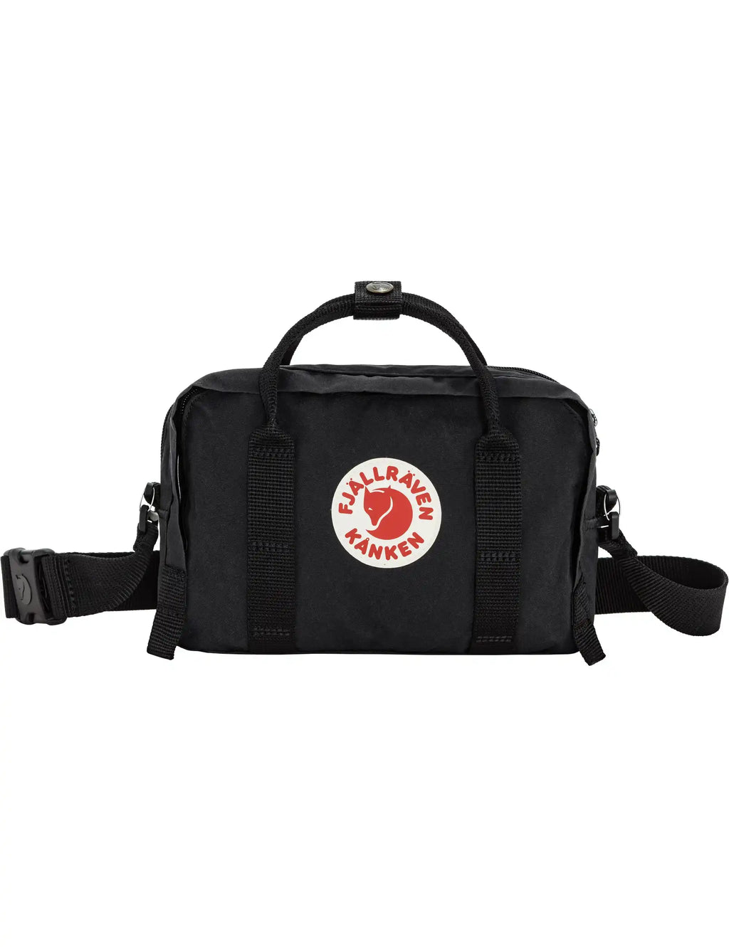 Black crossbody bag with top handle, front logo patch, and side zippers