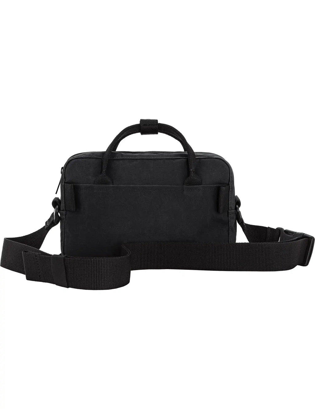 Black crossbody bag side view with top handle and adjustable shoulder strap