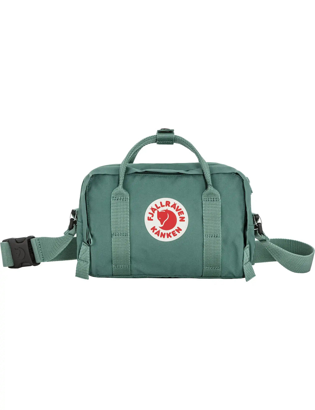 Frost green crossbody bag with top handle, front zip pocket, and adjustable strap.