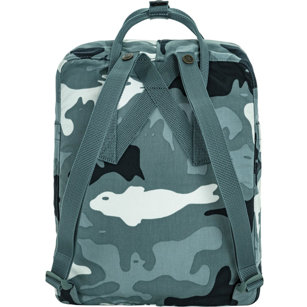 Classic camo backpack with front panel, drawcord closure, and teal webbing straps