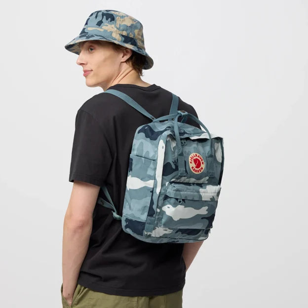 Classic camo backpack in teal tones with front pocket and adjustable straps