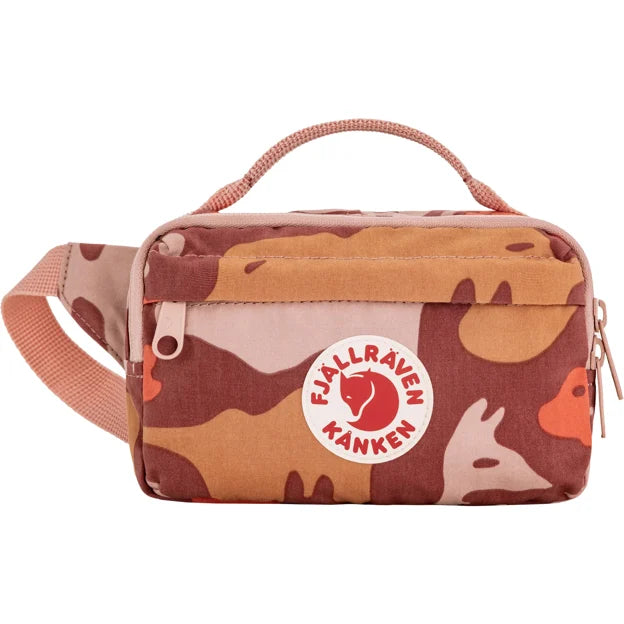Kanken camo hip pack with front logo patch, zip opening, adjustable shoulder strap