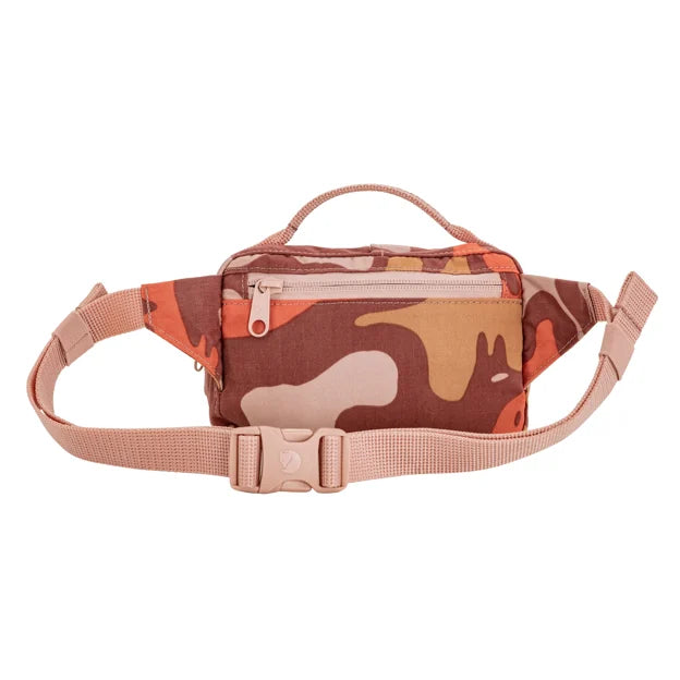 Camouflage waist bag in pink-brown with adjustable strap and top handle, zip front