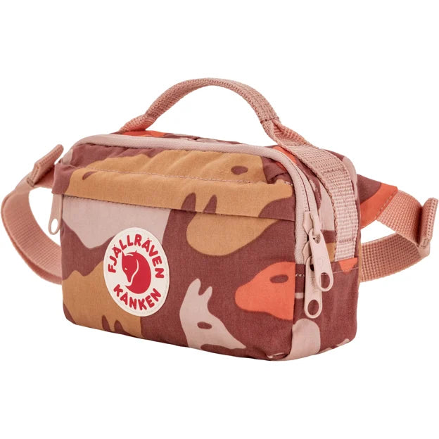 Kanken logo camo hip bag with adjustable strap, rounded shape, front zipper pull