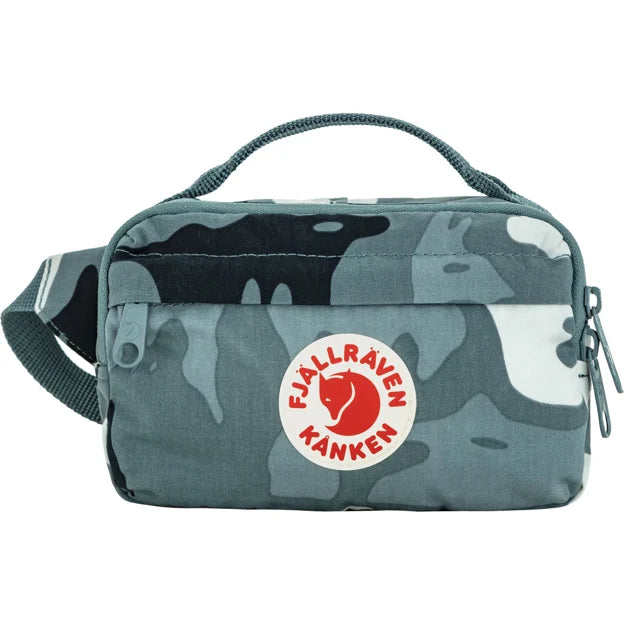 Teal-blue camouflage hip pack with red Kanken logo and front zip compartment