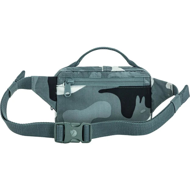 Teal-blue hip pack with top zip, adjustable waist strap, camouflage graphic