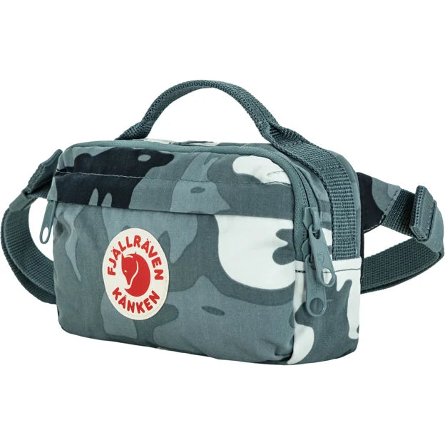 Teal-blue camouflage hip pack with red Kanken logo and two side zip pulls