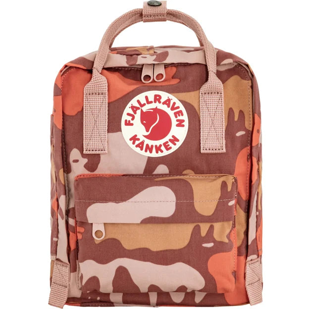 Camouflage mini backpack with Fjallraven Kanken emblem and front pouch pocket