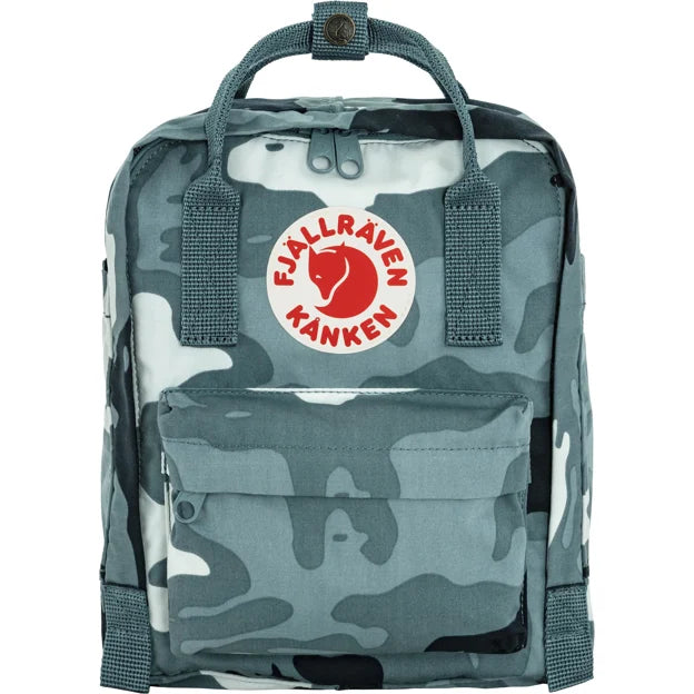 Mini backpack with woodland camo, front logo patch, two front straps and top handle