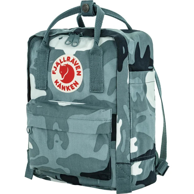 Kanken Graphics Mini mini backpack with woodland camo print, front pocket and web straps