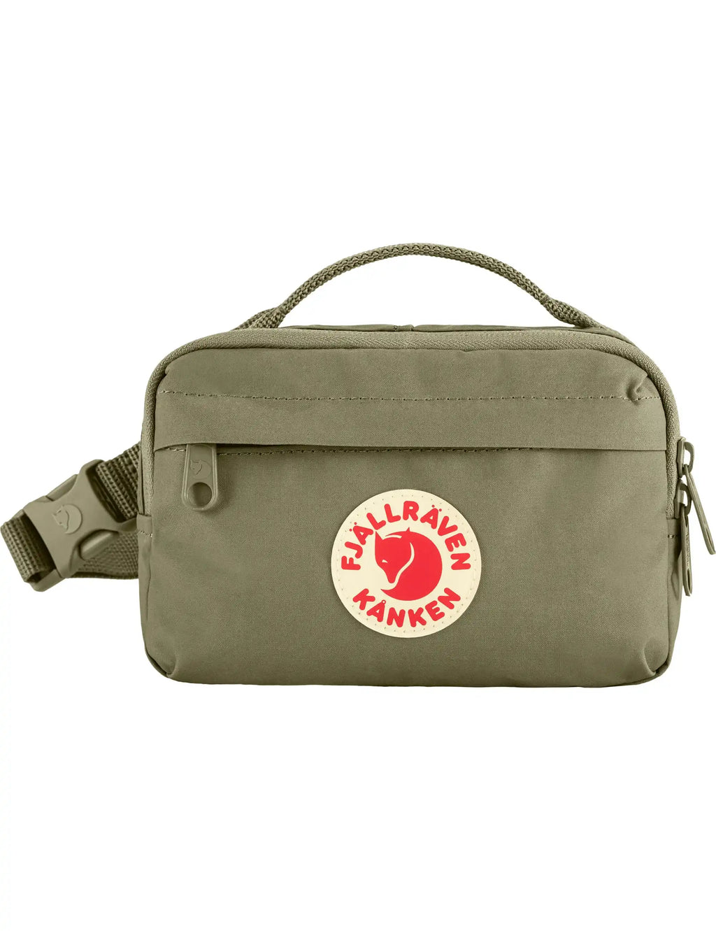 Kanken hip pack in olive green with top handle and logo patch on front