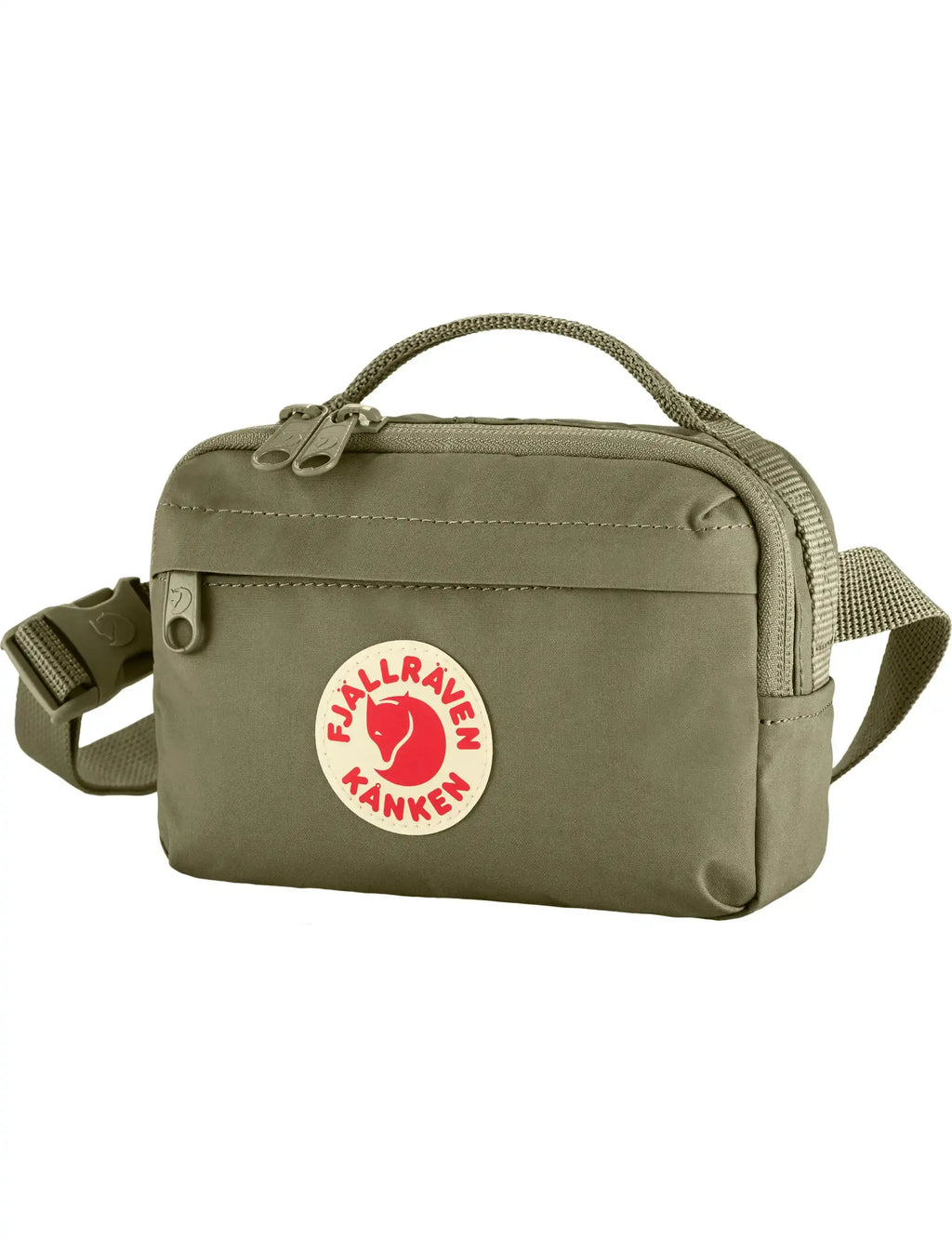 Kanken hip pack front view, olive green with zip closure and red logo patch