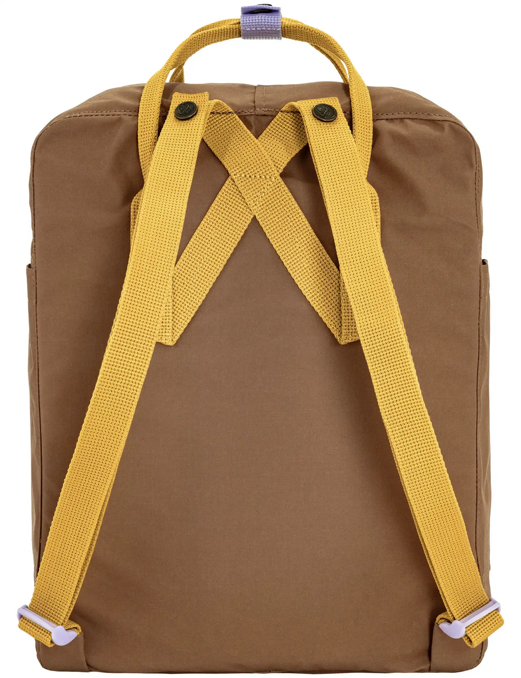 Khaki backpack with crossed yellow shoulder straps and top grab handle