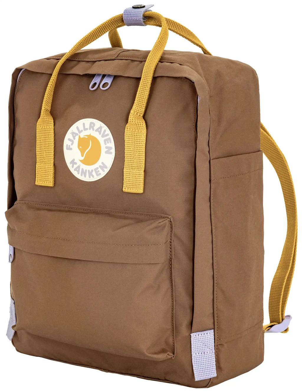 Khaki backpack front view with yellow handles, logo patch, and side zip pocket