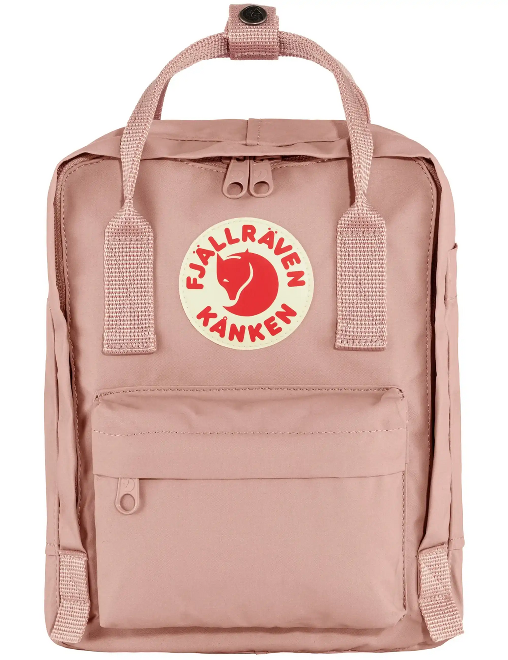 Kanken Mini backpack, chalk rose front view with zipper pocket and logo patch