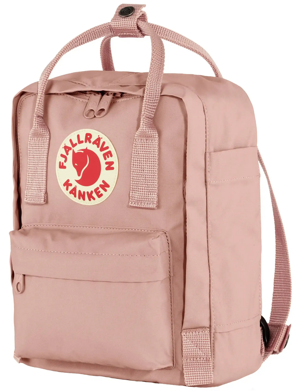 Kanken Mini backpack in chalk rose, front pocket and two-tone webbing straps