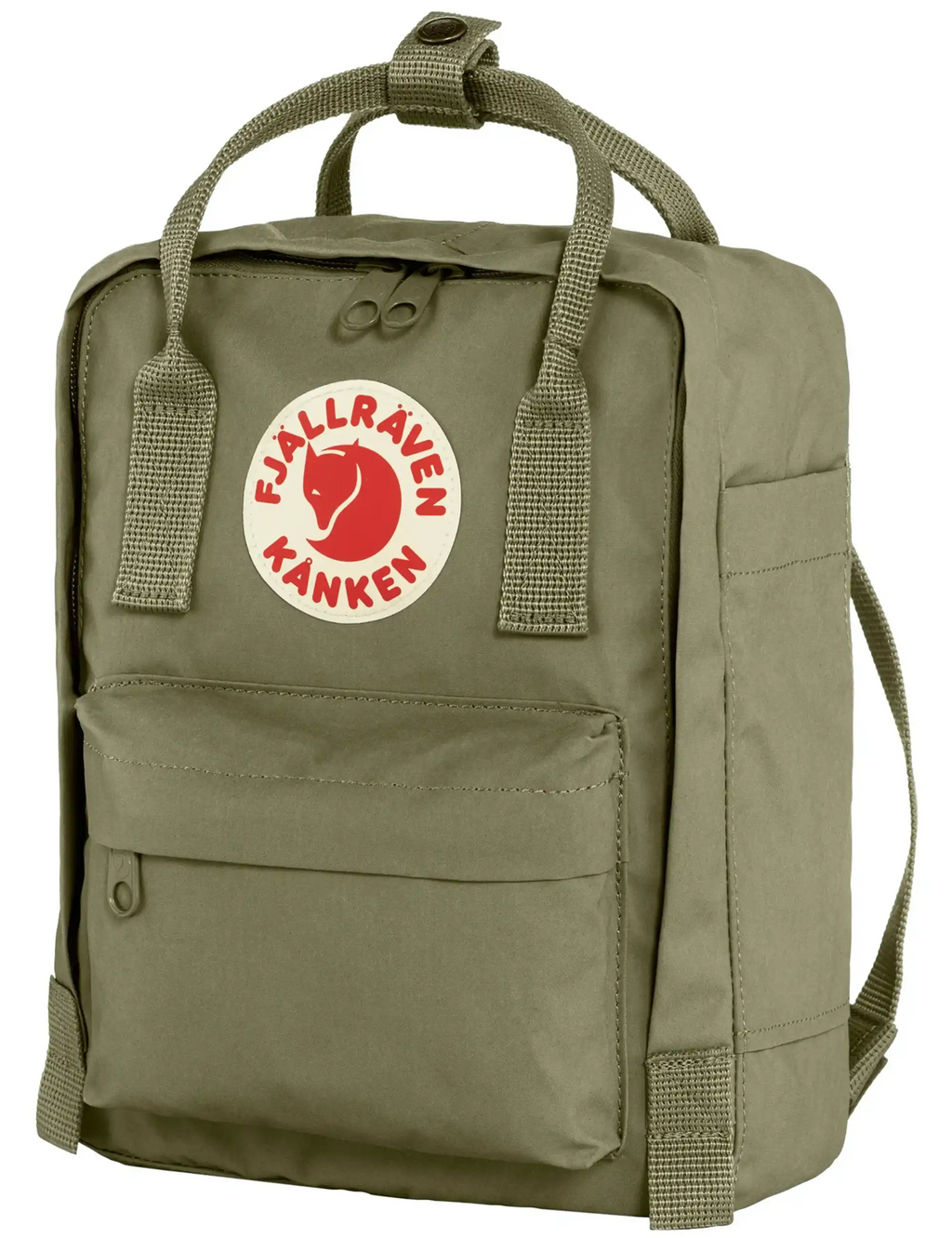 Green mini backpack with Fjällräven logo, front flap pocket, and side strap