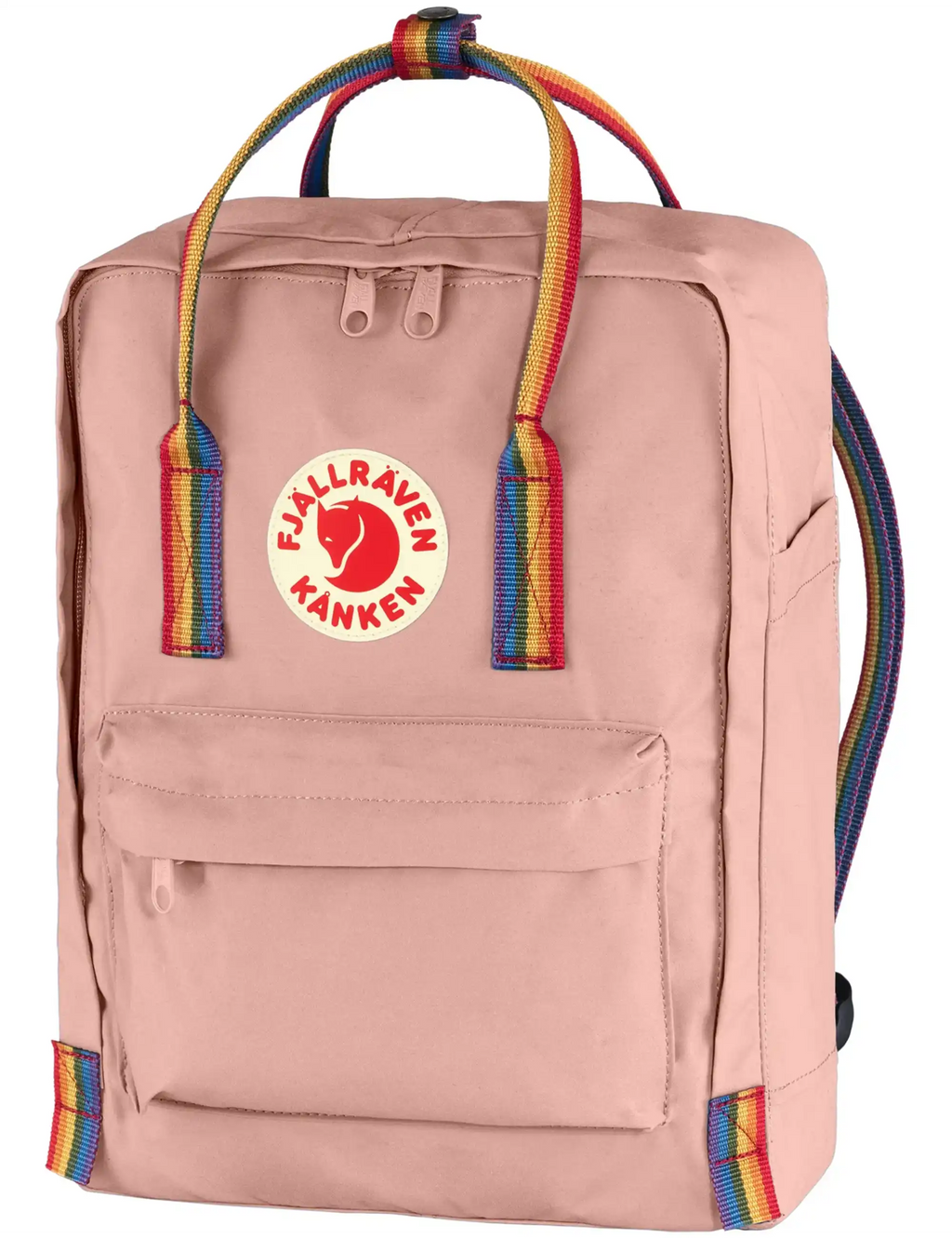 Pink Kånken Classic backpack with rainbow top handles and front pocket