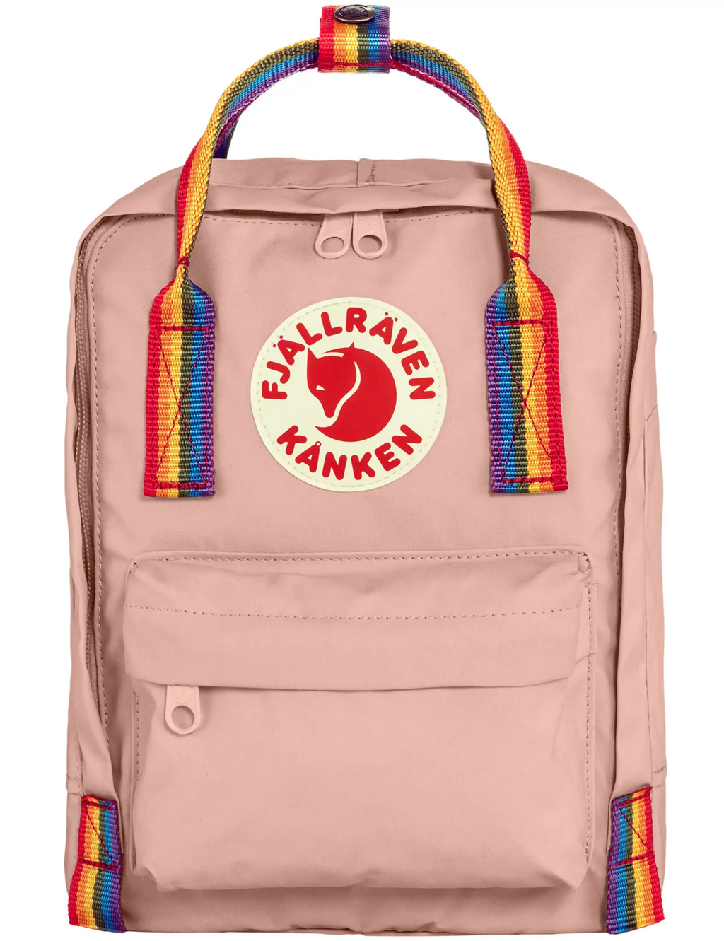 Kanken mini backpack in chalk rose with rainbow striped straps and front pocket