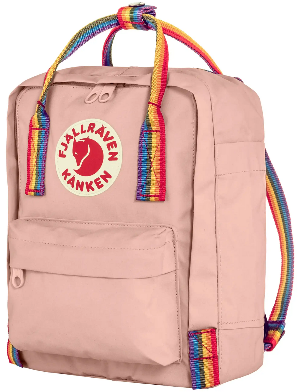 Kanken mini backpack in chalk rose with side pocket and rainbow striped carry straps