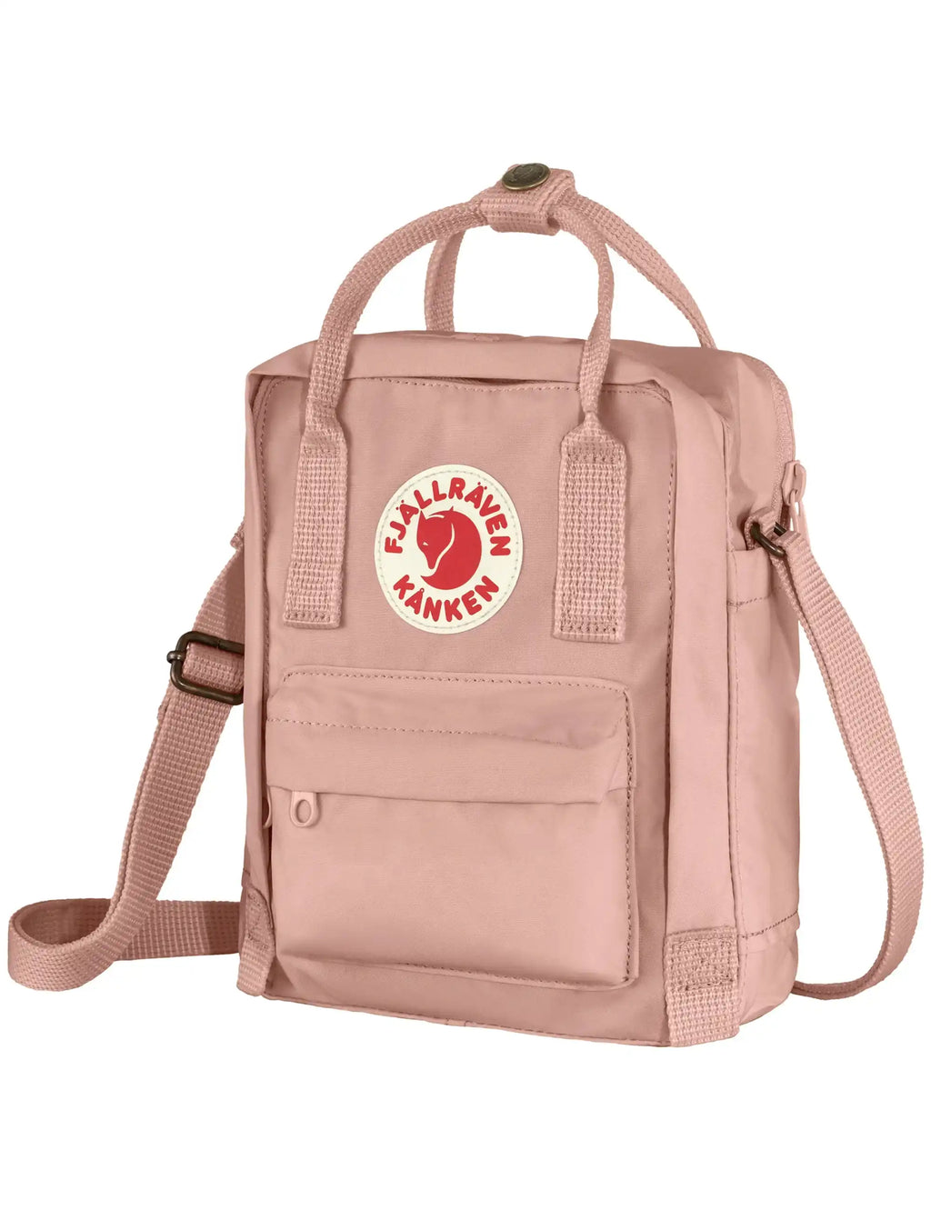 Kanken sling bag 2.5L Chalk Rose, side profile with logo and front zip pocket