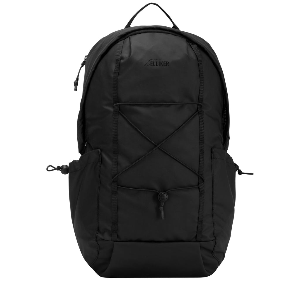 Black hooded zip-top backpack with front pocket and drawstring straps