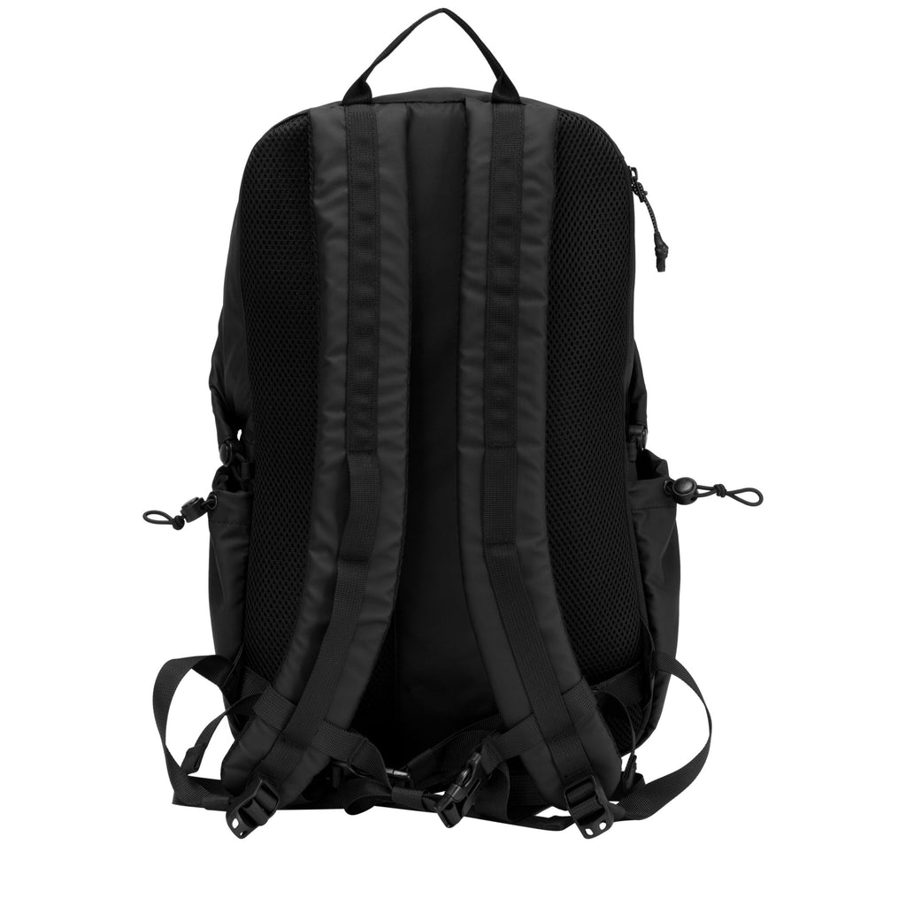 Black backpack with mesh back panel, padded shoulder straps, and side pulls
