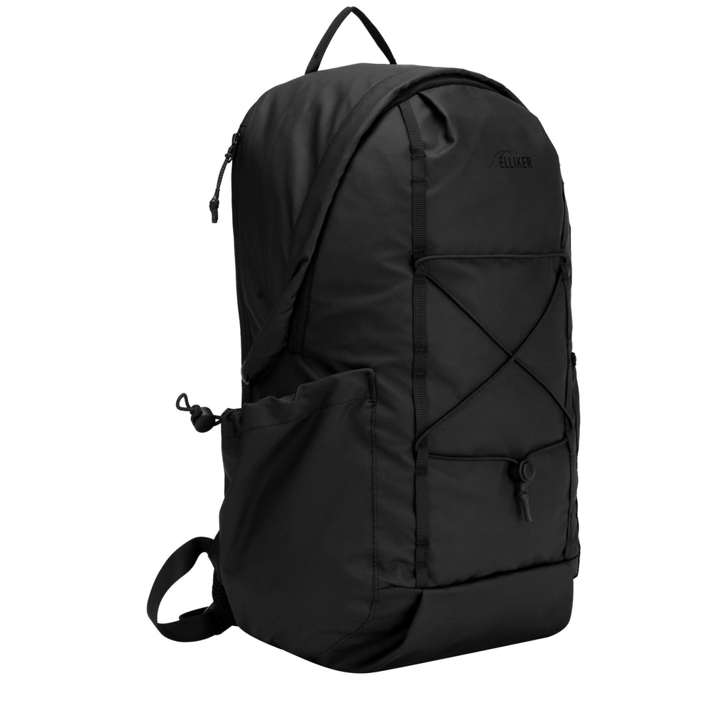 Black hooded zip-top backpack with side pocket and adjustable shoulder straps