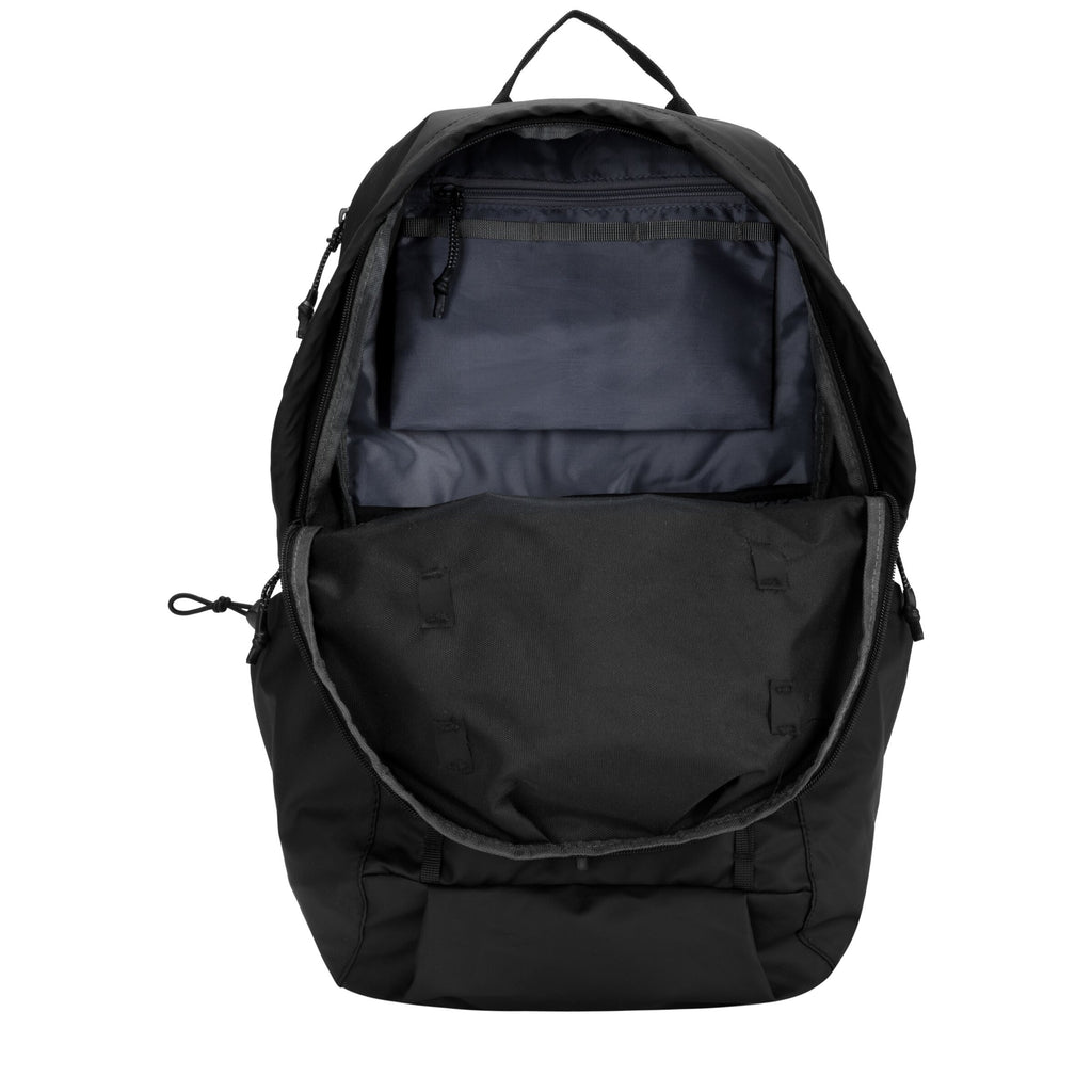 Black zip-top backpack opened to reveal interior front organizer pocket