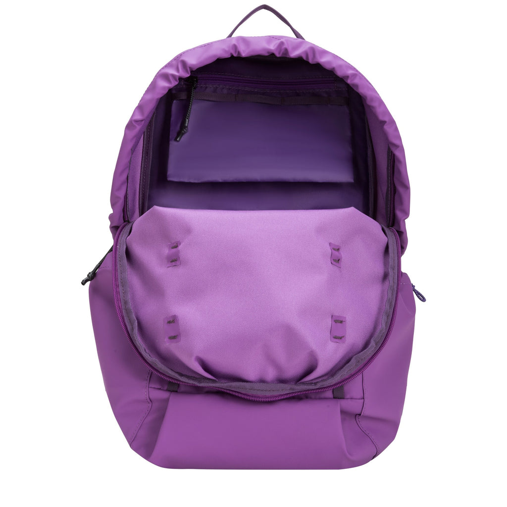 Purple hooded backpack with open top showing lined interior compartment
