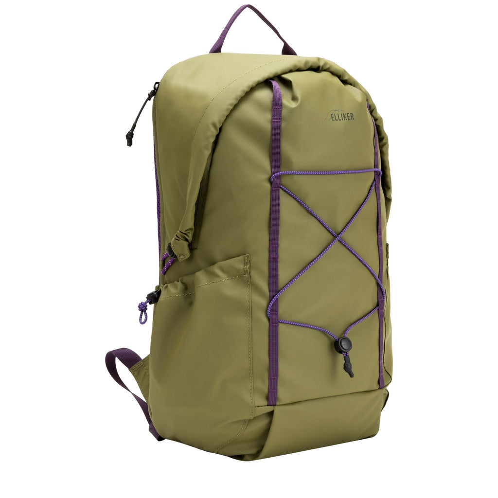 Khaki hooded zip-top backpack with purple trim, front pocket, and side drawcord