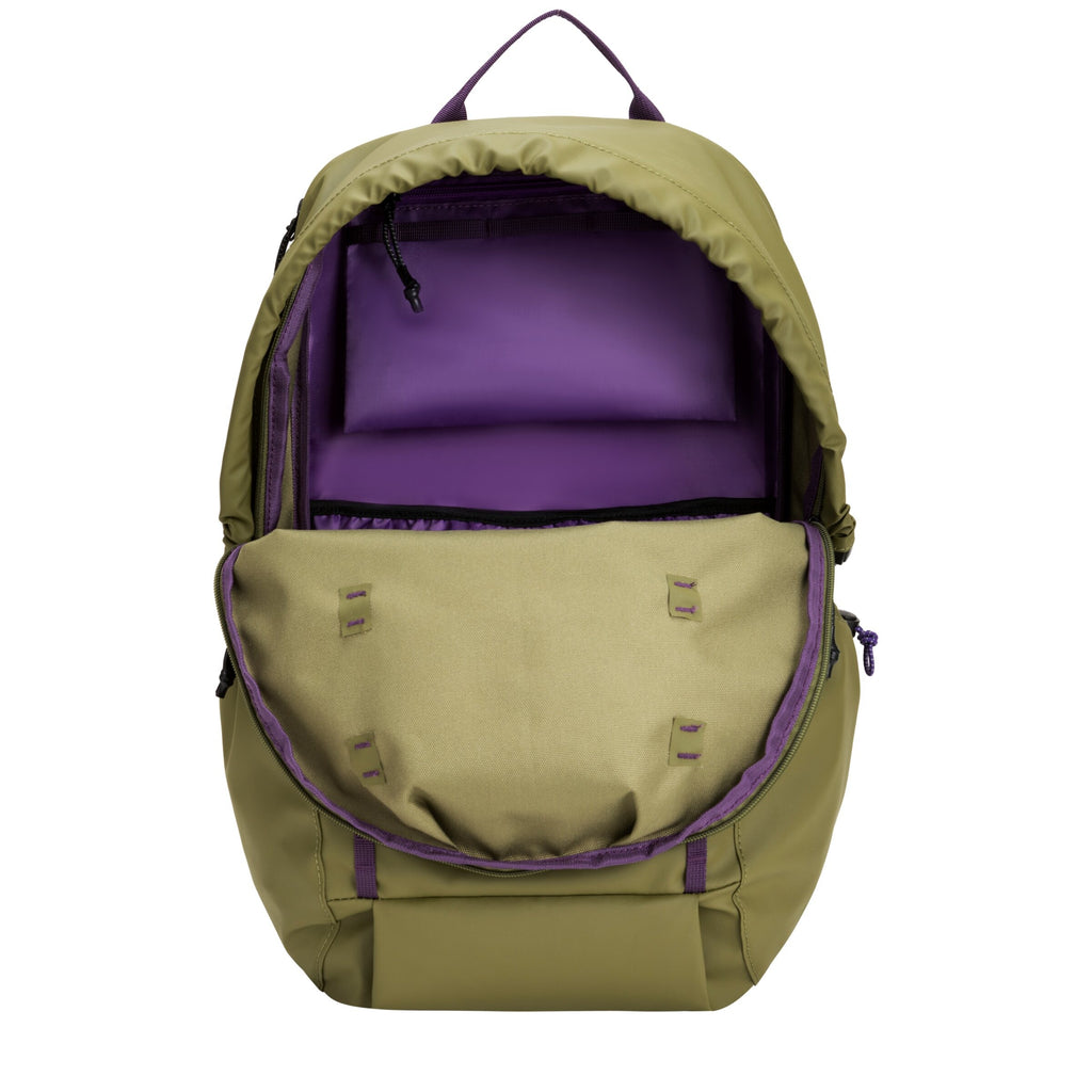 Khaki backpack open with purple-lined interior and front organizer panel