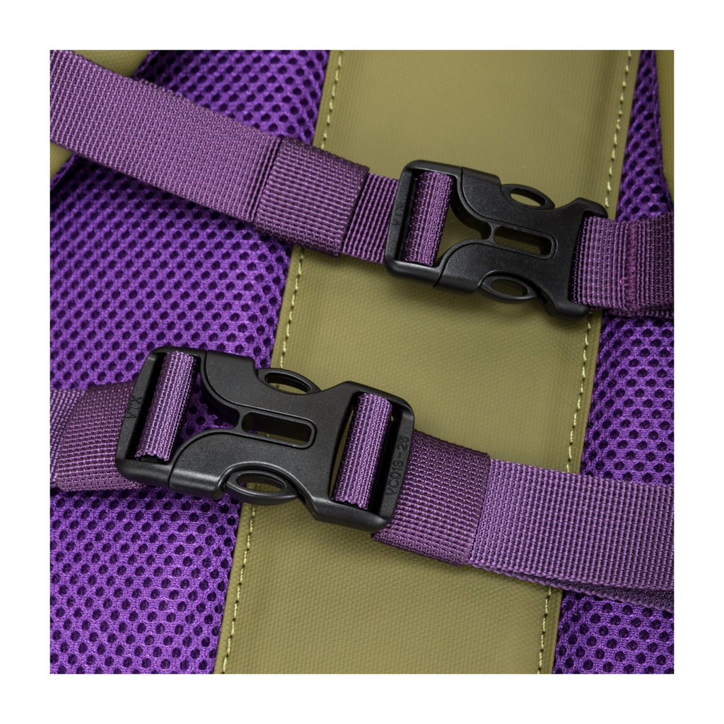 Khaki and purple padded shoulder straps with buckles close-up on mesh backing