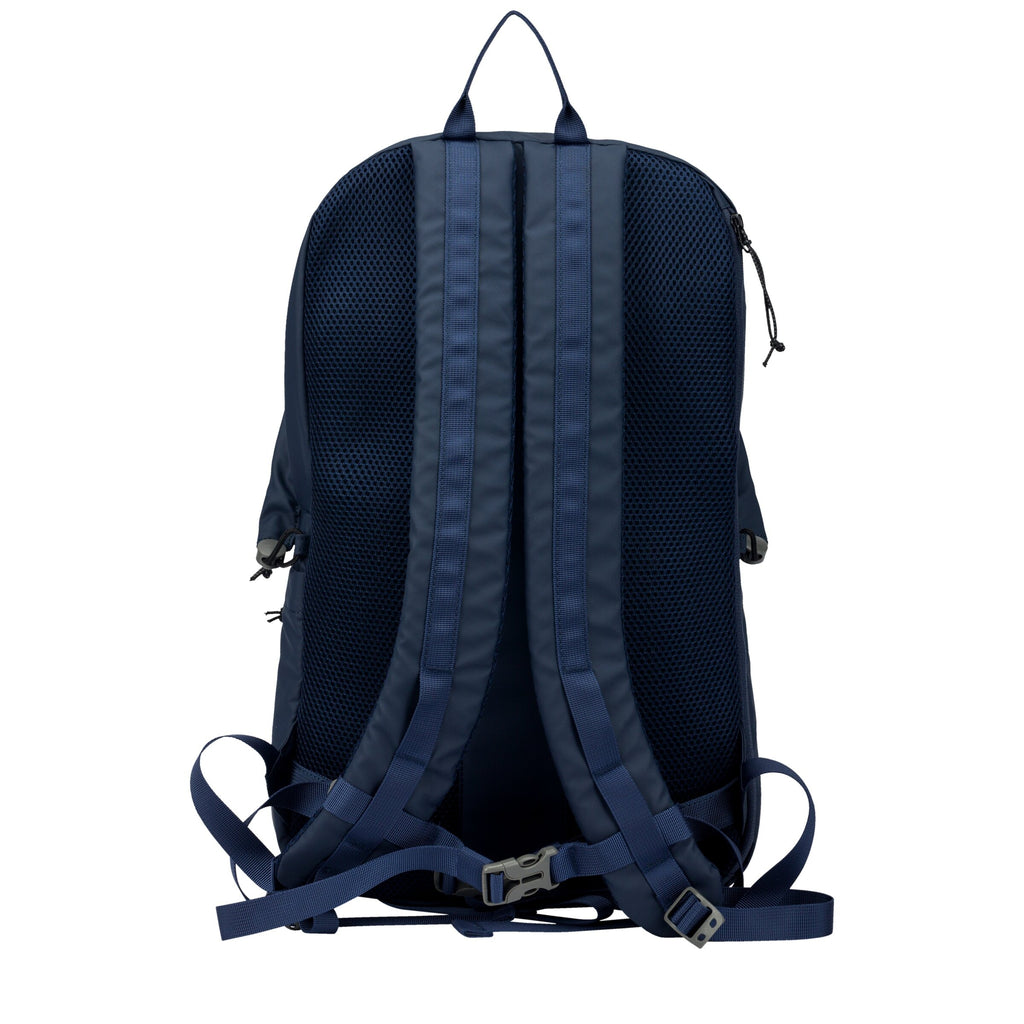 Navy hooded backpack with mesh back panel and padded adjustable shoulder straps