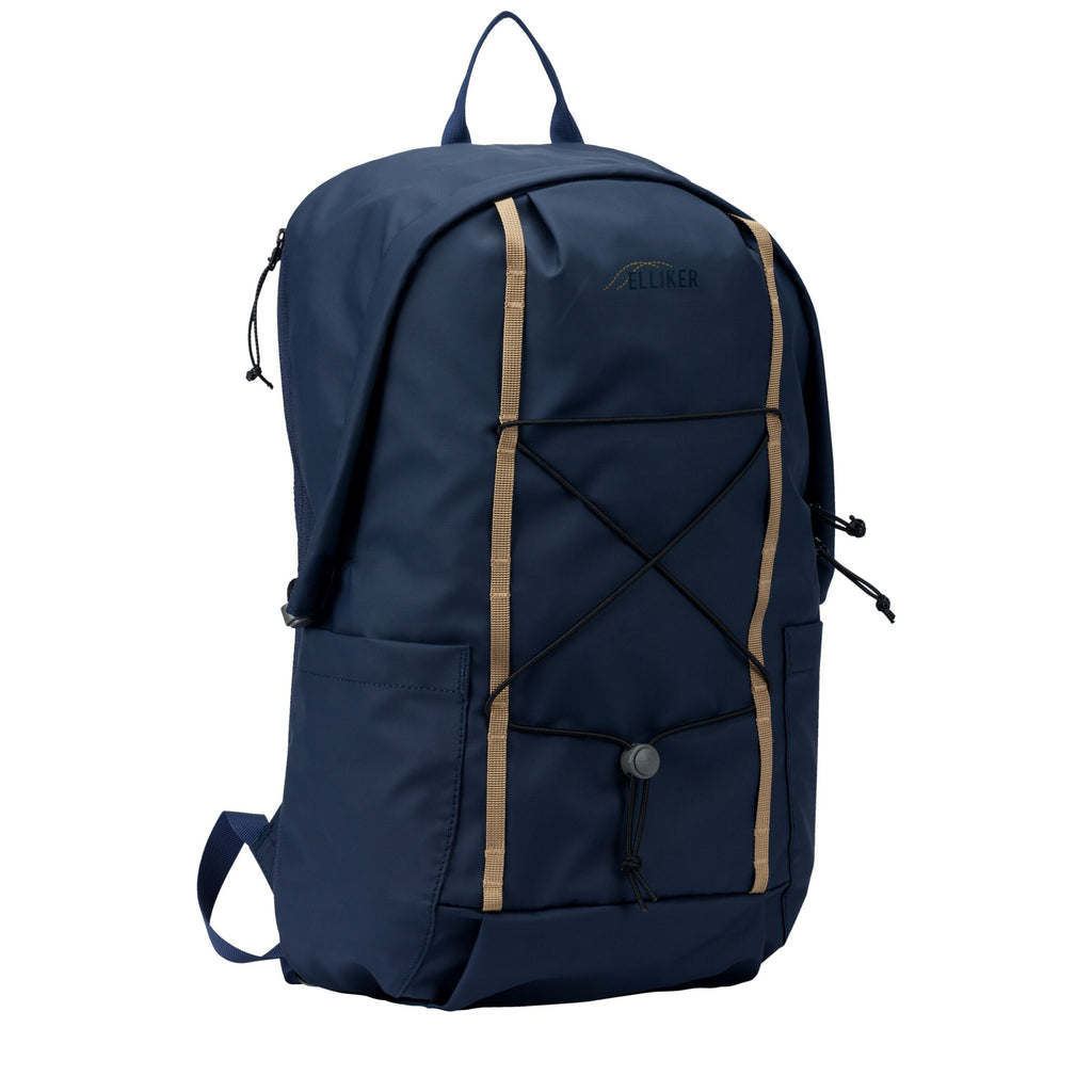 Navy hooded zip-top backpack with cross-front zip pocket and drawcord details