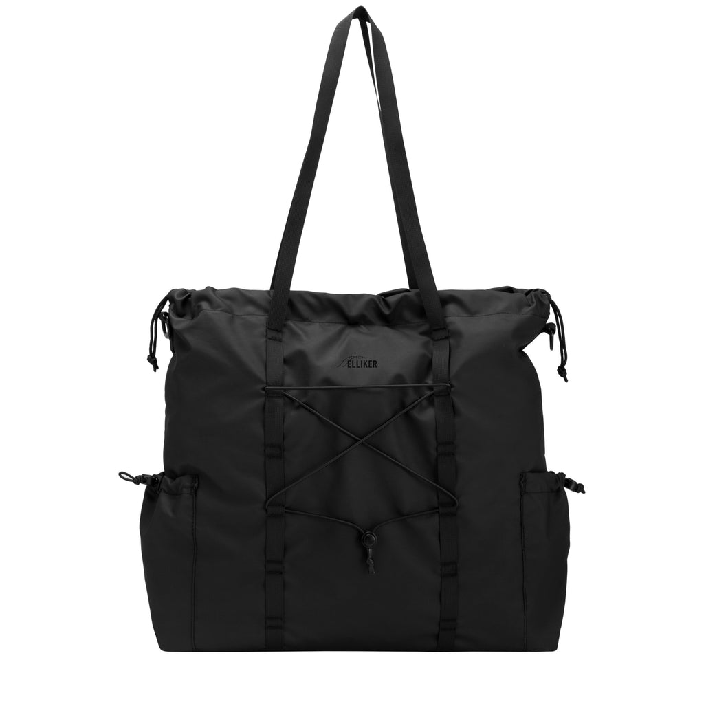 18L black tote bag with twin handles, front cross-strap panel, and side drawcords