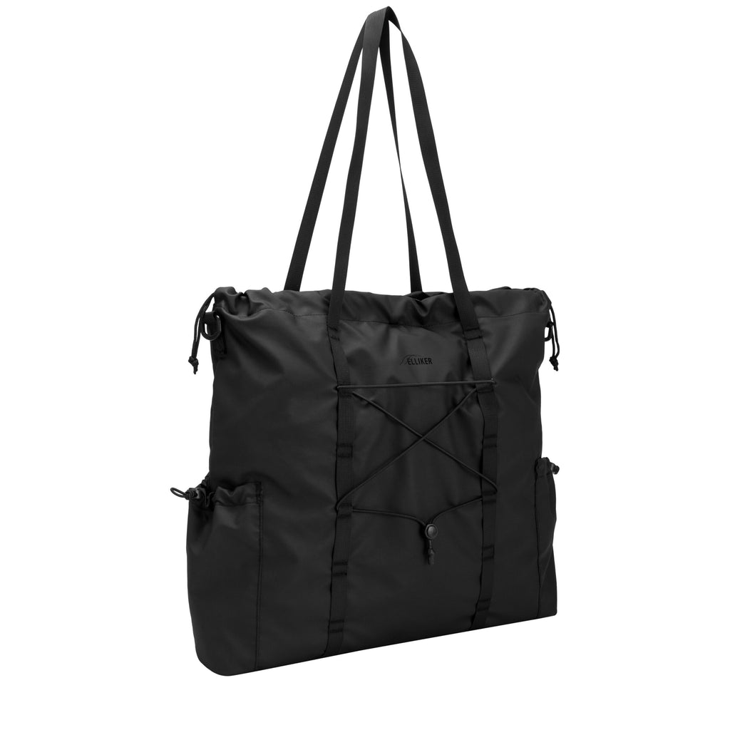 18L black tote bag with tall handles, front cross-strap panel, and side drawcord pockets