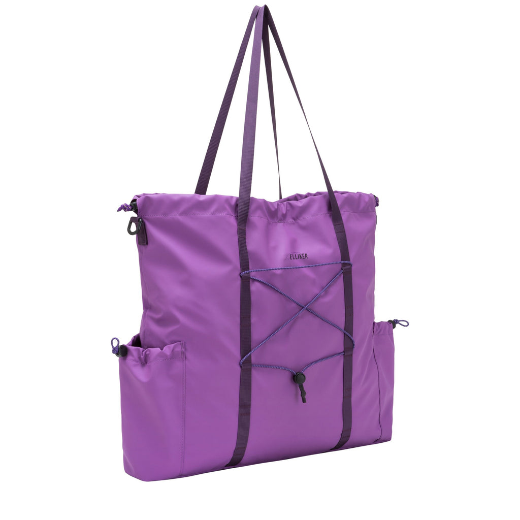 18L electric purple tote bag with tall handles, front cross-strap panel, and side drawcord pockets