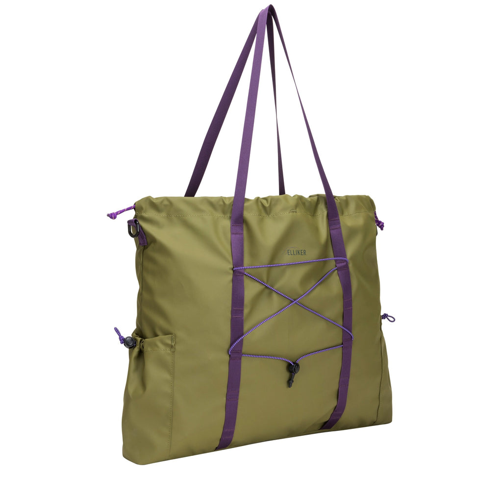 18L khaki tote bag with top handles, front cross-strap panel, and outer side drawcord pocket