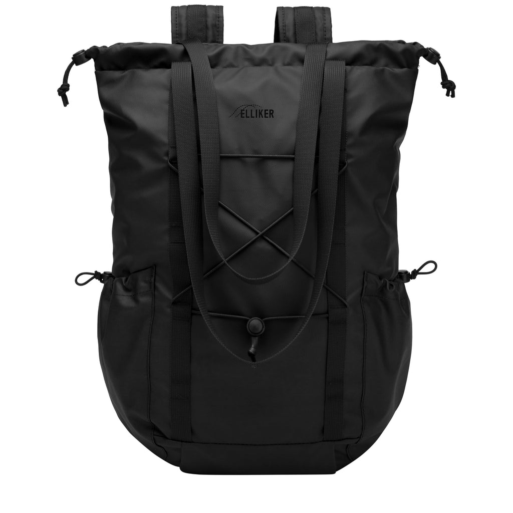 20L black tote-style backpack with top handles, drawstring closure, and front utility pocket